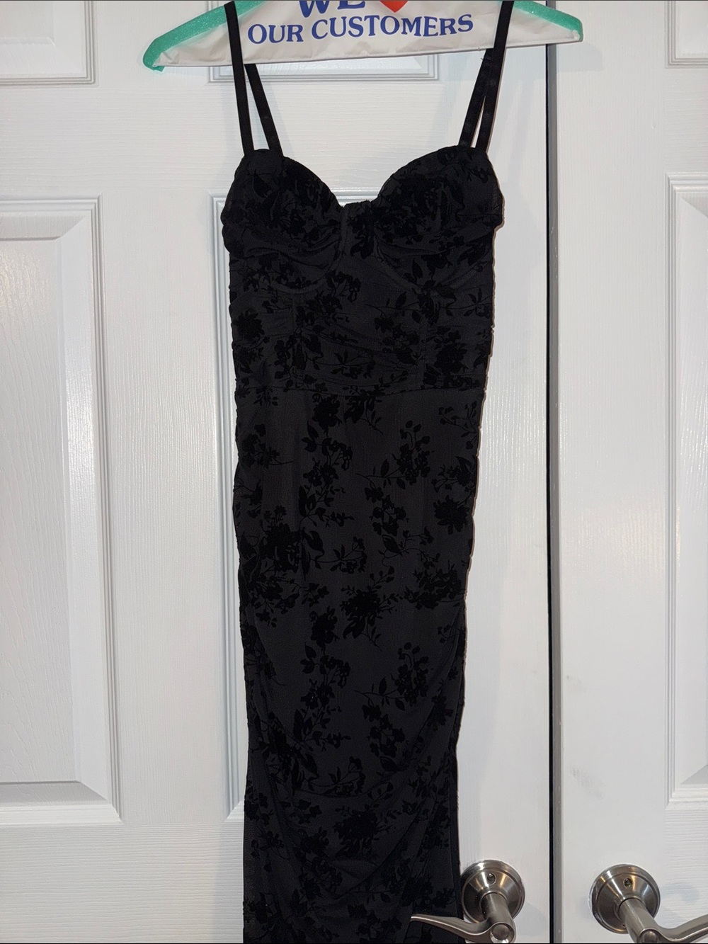 Black Floral Velvet Flocked Midi Dress with Spaghetti Straps
